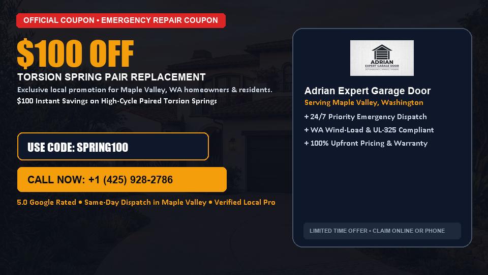 $100 OFF Dual High-Cycle Torsion Spring Replacement in Maple Valley, WA - Adrian Expert Garage Door